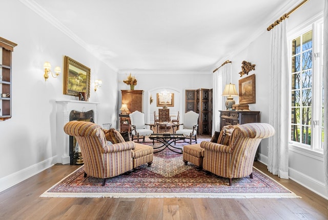 living area with a fireplace, hardwood / wood-style floors, baseboards, and ornamental molding