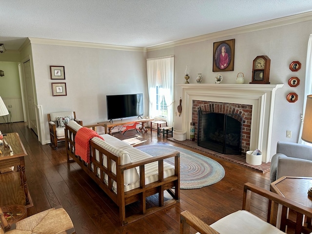 living room with a fireplace, dark wood-type flooring, ornamental molding, and a textured ceiling