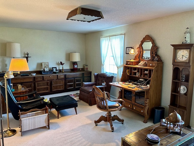 sitting room featuring carpet flooring and a textured ceiling