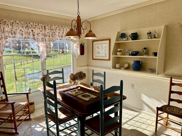 dining space featuring crown molding and a textured ceiling