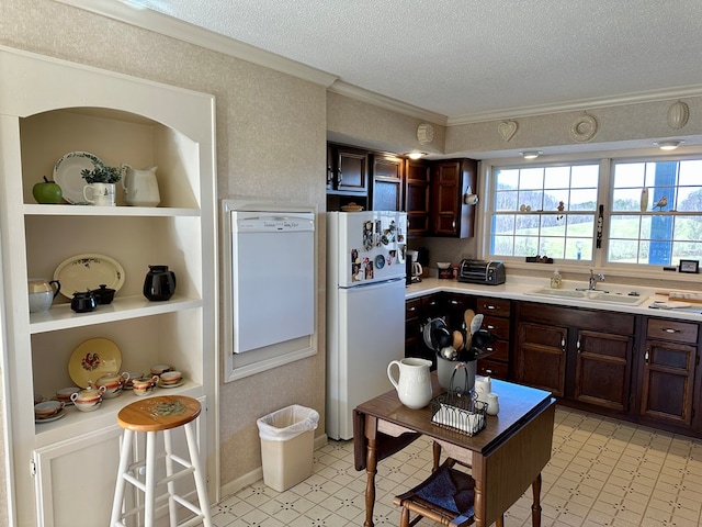 kitchen with dark brown cabinetry, sink, a textured ceiling, ornamental molding, and white fridge