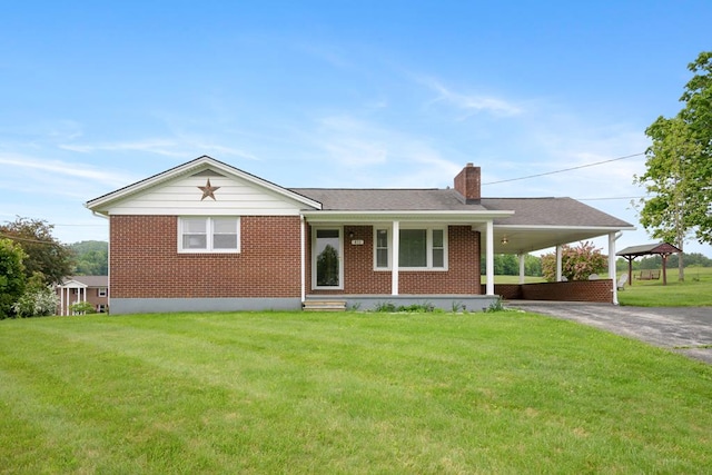 411 Courtland Cir, Galax, VA 24333 - view of front of property with brick siding, a chimney, a front lawn, asphalt driveway, and an attached carport