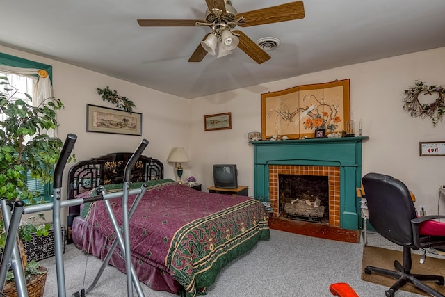 210 Valley St NE, Abingdon, VA 24210 - bedroom with carpet floors, a fireplace, and a ceiling fan