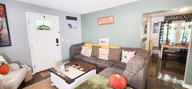 living room with hardwood / wood-style flooring and a textured ceiling