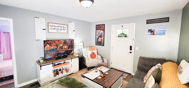 living room with a textured ceiling