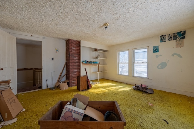 misc room with carpet floors and a textured ceiling