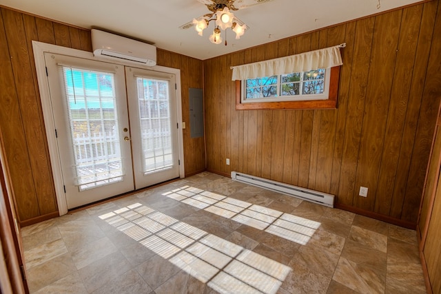 doorway featuring a baseboard heating unit, an AC wall unit, electric panel, and french doors