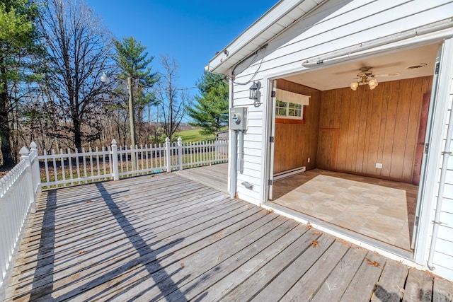 wooden deck with baseboard heating and ceiling fan