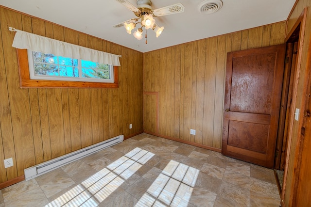 unfurnished room featuring ceiling fan, a baseboard radiator, and wooden walls