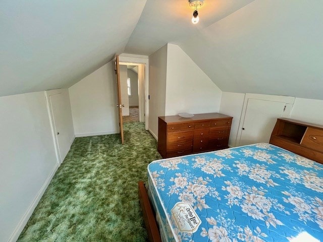 bedroom with lofted ceiling and carpet flooring