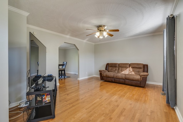 467 Thru Dr, Pounding Mill, VA 24637 - living area with arched walkways, ceiling fan, light wood-style flooring, ornamental molding, and a textured ceiling