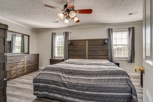 467 Thru Dr, Pounding Mill, VA 24637 - bedroom with light wood-style floors, a textured ceiling, a ceiling fan, and crown molding