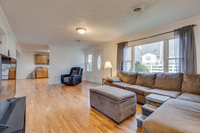living area featuring light wood-type flooring, visible vents, a textured ceiling, and crown molding