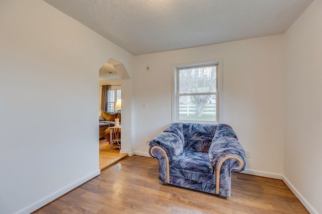 living area featuring baseboards, wood finished floors, and arched walkways