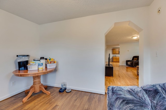 interior space featuring light wood-type flooring, baseboards, and arched walkways