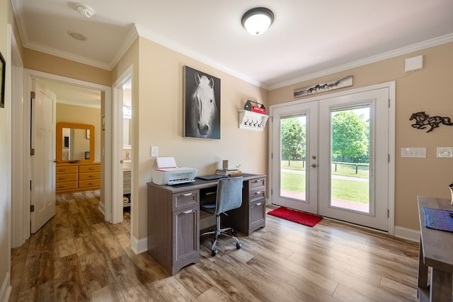 1610 Pope Rd, Ivanhoe, VA 24350 - office area featuring french doors, wood finished floors, and ornamental molding
