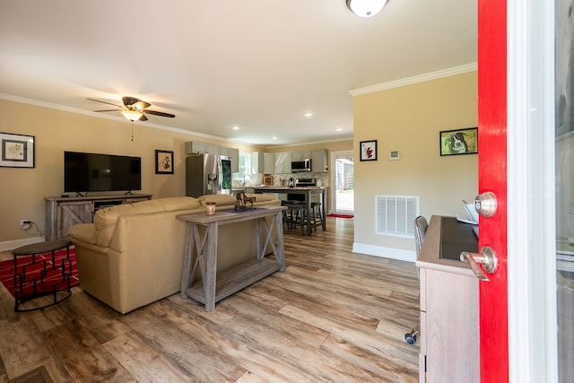 1610 Pope Rd, Ivanhoe, VA 24350 - living area featuring ornamental molding, light wood-style flooring, a ceiling fan, and recessed lighting