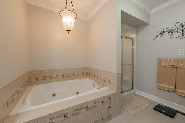 bathroom with a stall shower, crown molding, a jetted tub, and tile patterned floors