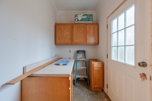 interior space featuring crown molding, hookup for a washing machine, cabinet space, and a healthy amount of sunlight