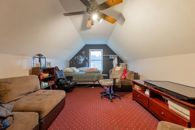 living area with lofted ceiling, carpet flooring, and ceiling fan