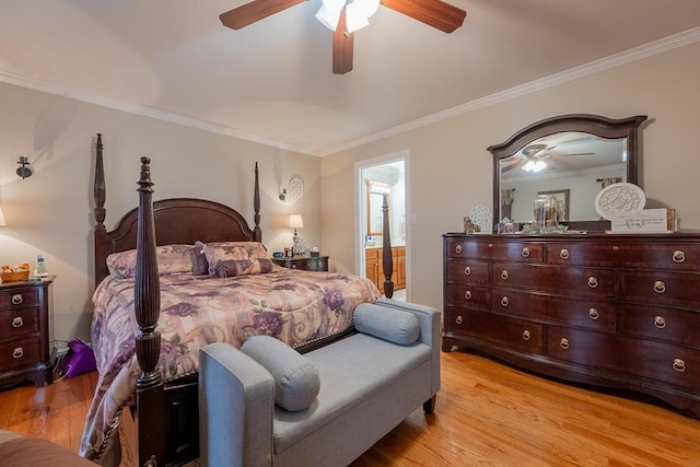 bedroom with light wood-style floors, ceiling fan, ornamental molding, and ensuite bathroom