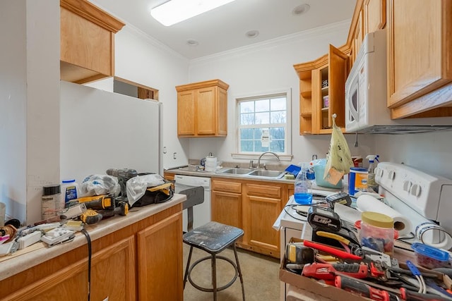 kitchen with white appliances, ornamental molding, light countertops, and a sink