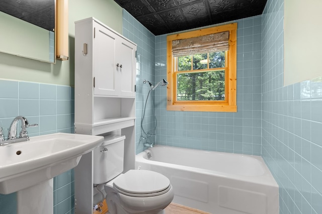 558 Pops Peak Rd, Fancy Gap, VA 24328 - bathroom featuring tile walls,  shower combination, and an ornate ceiling