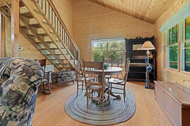 558 Pops Peak Rd, Fancy Gap, VA 24328 - dining room with wood walls, plenty of natural light, hardwood / wood-style flooring, stairs, and wood ceiling