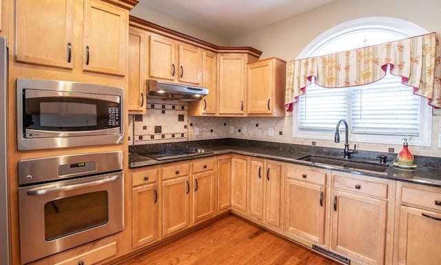16084 Old Jonesboro Rd, Bristol, VA 24202 - kitchen with appliances with stainless steel finishes, under cabinet range hood, light brown cabinetry, and dark stone counters