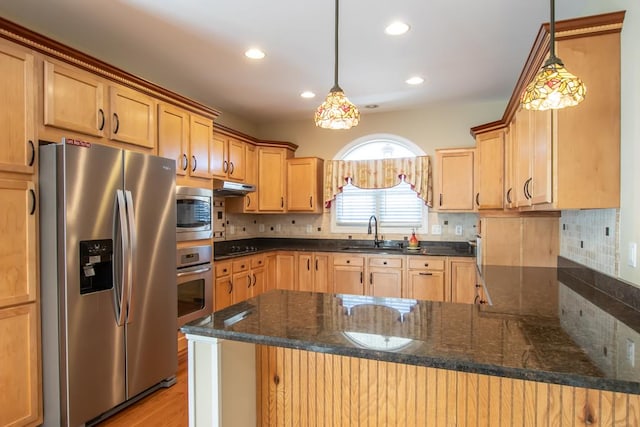 16084 Old Jonesboro Rd, Bristol, VA 24202 - kitchen featuring stainless steel appliances, a peninsula, dark stone counters, tasteful backsplash, and light wood-type flooring