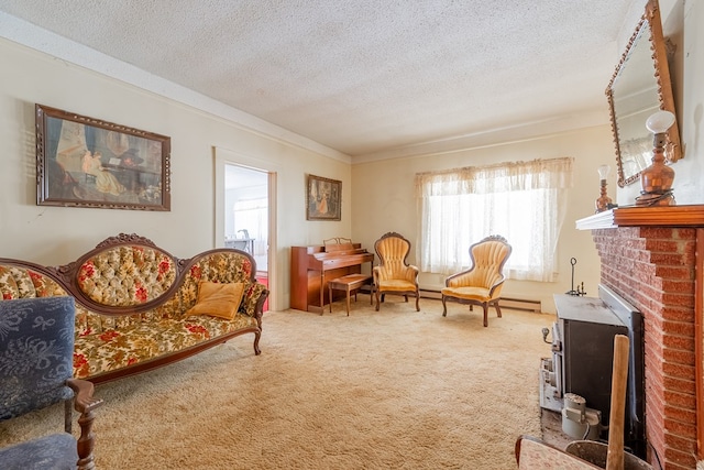 living area with ornamental molding, a wood stove, carpet, and a textured ceiling