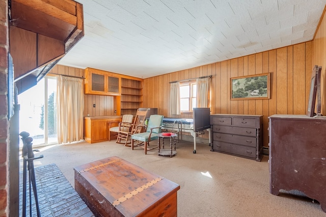 living area with light colored carpet and wood walls