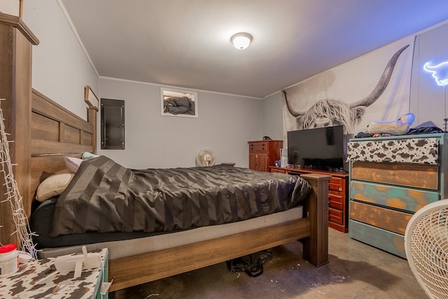 bedroom featuring concrete flooring, crown molding, and electric panel