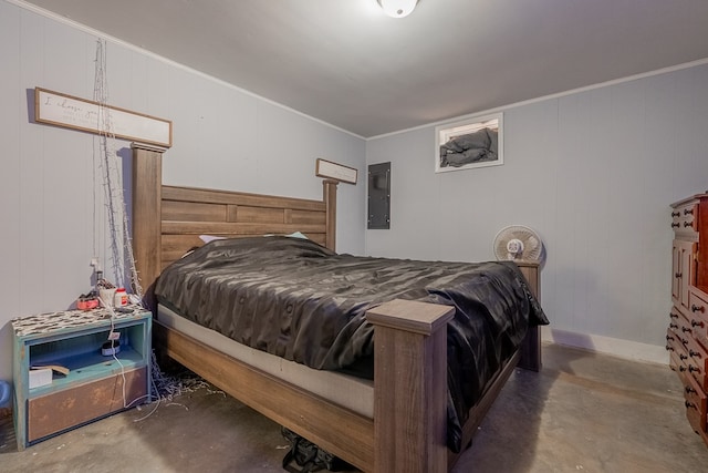 bedroom featuring ornamental molding, electric panel, and concrete floors