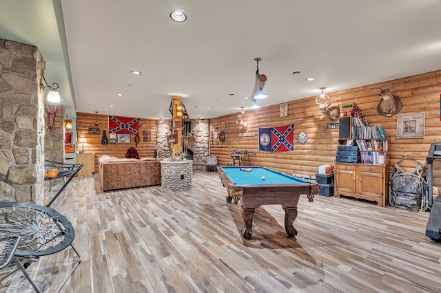 18549 Landridge Way, Abingdon, VA 24211 - recreation room with log walls, billiards table, light wood-style floors, and recessed lighting