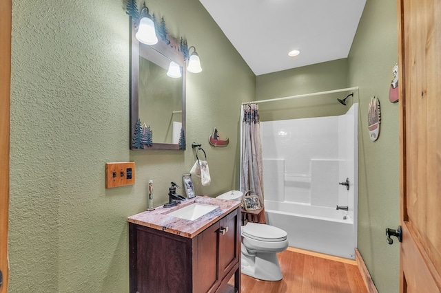 18549 Landridge Way, Abingdon, VA 24211 - bathroom with wood finished floors, vanity, a textured wall, and shower / tub combo with curtain