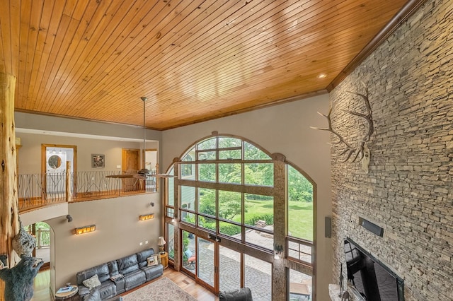 18549 Landridge Way, Abingdon, VA 24211 - living room featuring wooden ceiling, ornamental molding, a fireplace, and wood finished floors