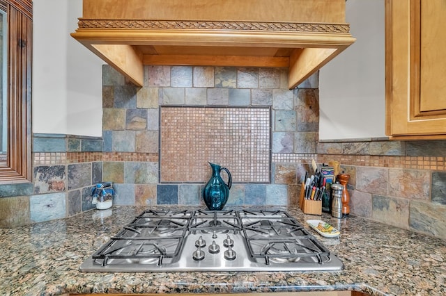 18549 Landridge Way, Abingdon, VA 24211 - kitchen featuring stainless steel gas cooktop, backsplash, stone countertops, and premium range hood