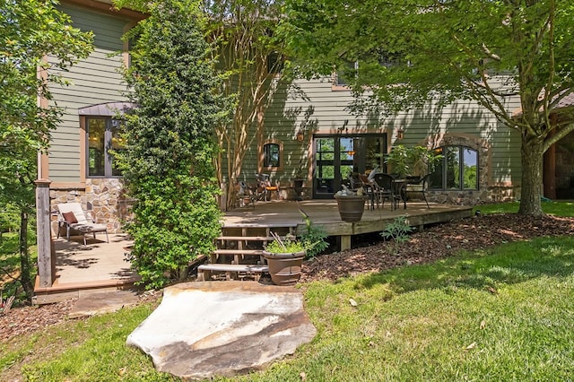 18549 Landridge Way, Abingdon, VA 24211 - back of property featuring a deck, a lawn, stone siding, and french doors