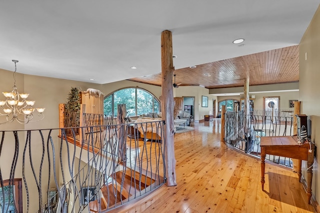 18549 Landridge Way, Abingdon, VA 24211 - hall featuring an upstairs landing, a chandelier, light wood-style flooring, recessed lighting, and wooden ceiling
