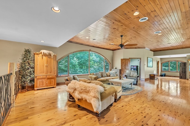 18549 Landridge Way, Abingdon, VA 24211 - living area with light wood finished floors, a ceiling fan, wooden ceiling, and recessed lighting