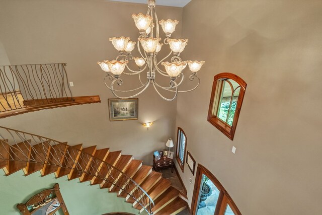 18549 Landridge Way, Abingdon, VA 24211 - stairway featuring a chandelier and a towering ceiling