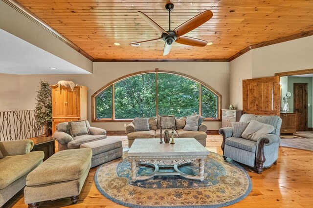 18549 Landridge Way, Abingdon, VA 24211 - living area with ornamental molding, healthy amount of natural light, light wood-type flooring, wooden ceiling, and ceiling fan