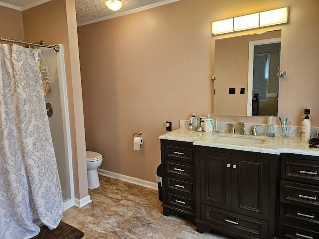 419 Tanglewood Dr, Glade Spring, VA 24340 - full bathroom featuring toilet, a shower with shower curtain, crown molding, baseboards, and vanity