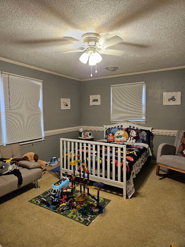 419 Tanglewood Dr, Glade Spring, VA 24340 - carpeted bedroom with crown molding, a textured ceiling, and a ceiling fan
