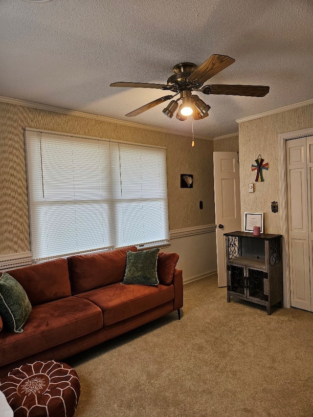 419 Tanglewood Dr, Glade Spring, VA 24340 - carpeted living area with crown molding, a textured ceiling, a ceiling fan, and wallpapered walls