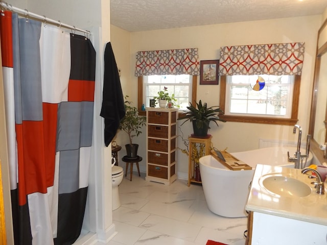 bathroom with walk in shower, vanity, toilet, and a textured ceiling