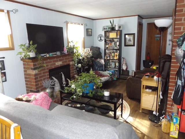 living room with hardwood / wood-style flooring, a fireplace, and ornamental molding