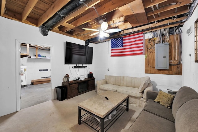 178 Woodside Dr, Chilhowie, VA 24319 - living area featuring electric panel, concrete flooring, a ceiling fan, and concrete block wall