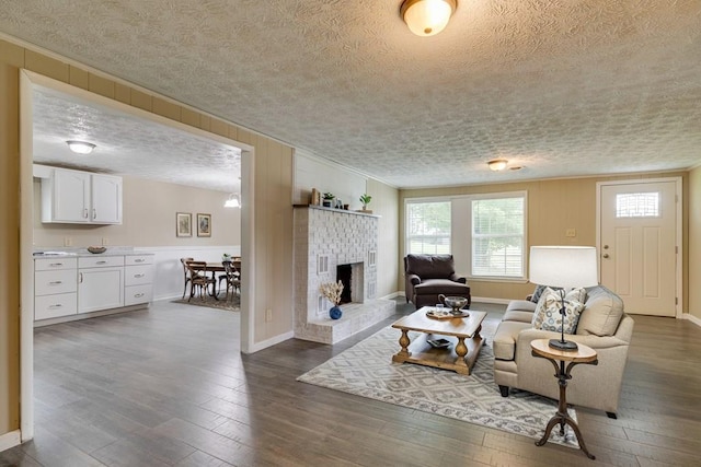 103 Whites Subdivision Rd, Cedar Bluff, VA 24609 - living room with a textured ceiling, dark wood-type flooring, ornamental molding, a fireplace, and baseboards